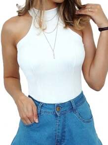 Women's Ribbed Turtleneck Tank Top With Padded Cup - 白色 - 查看 1