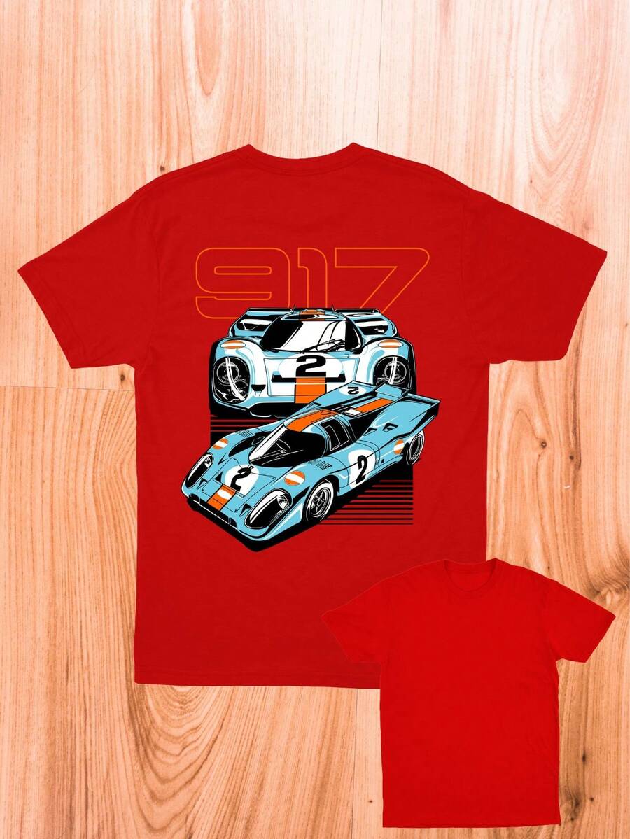 Men's Track Car T-Shirt Short Sleeve Shirt Print On Back - 紫紅色 - 查看 1