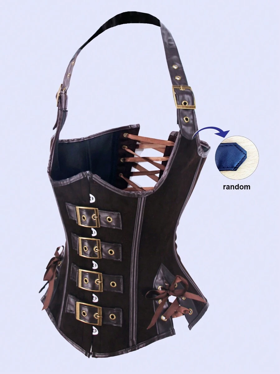 1pc Women's Halter Neck PU Leather Waist Cincher Slimming Corset Top