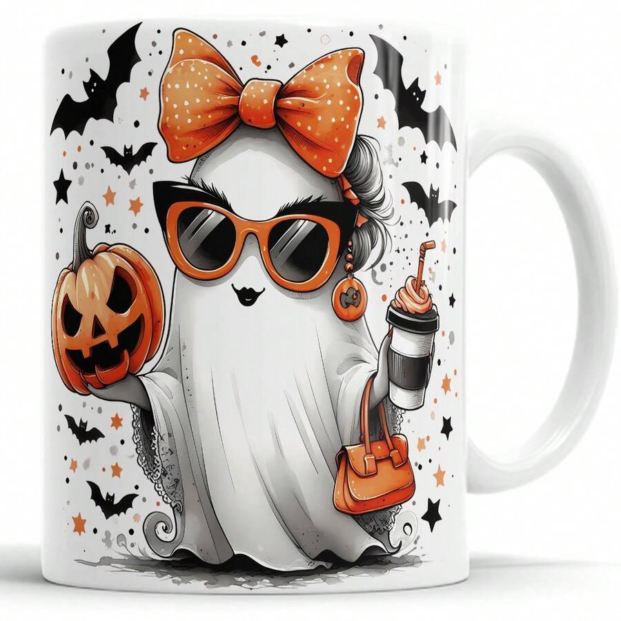 Taza con diseño de fantasma de Halloween, con lazo y café - Blanco - Ver 1
