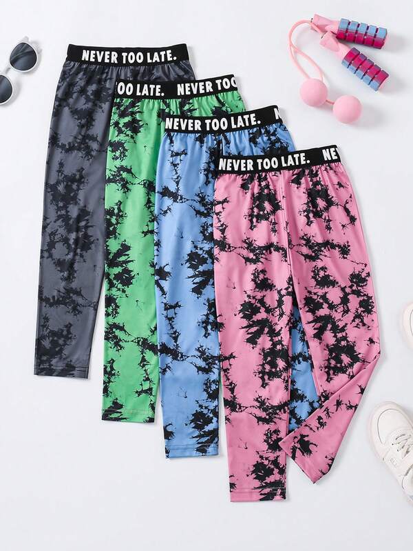 4pcs Girls Digital Printing & Tie Dye Straight Leg Pants, Autumn