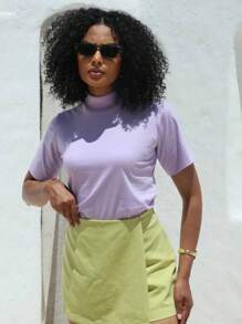 Kit 3 T Shirt High Neck Oversize Sleeve Women's High Neck Blouse Short Sleeve Basic Plain Black White Nude Candy Color T-Shirt - Màu Lilac Tím - Xem 2