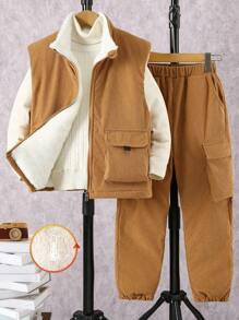 2 件套 Tween Boy 休闲毛绒背心和工装裤套装，秋冬 - 卡其色 - 查看 1