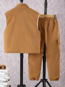 2 件套 Tween Boy 休闲毛绒背心和工装裤套装，秋冬 - 卡其色 - 查看 2