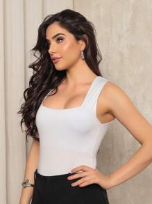 Plain Square Neck Tank Top Bodysuit With Thick Straps And Padding, Summer Trend. - 白色 - 查看 4