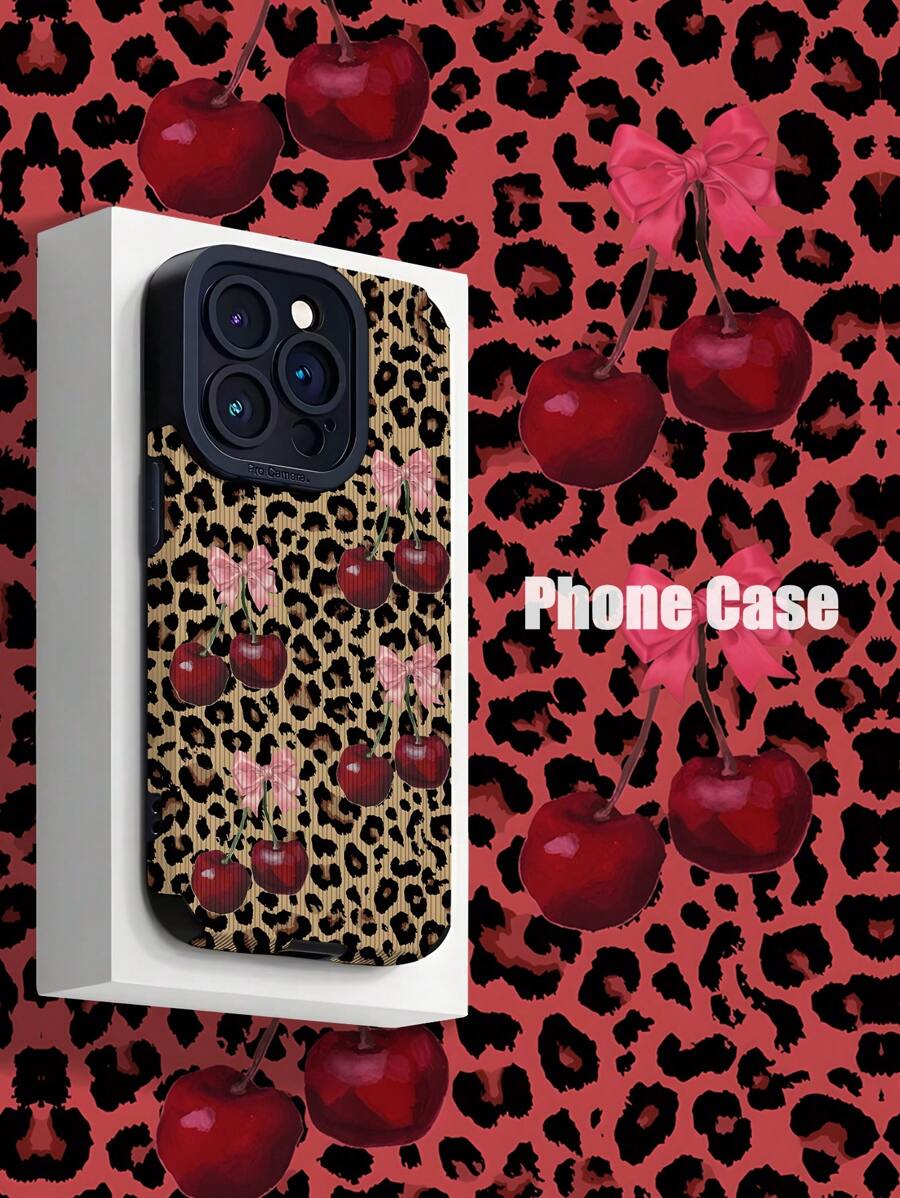 猎豹印花情人节 1 件复古樱桃蝴蝶结和豹纹垂直仿皮柔软防震手机壳适用于 和 15/15 PLUS/15 PRO/15 PRO MAX 防水防摔防刮 - 彩色 - 查看 1