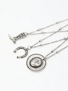 3pcs Turquoise Western Style Retro Cowgirl Horseshoe Cactus Pendant Necklace Set (Bead Chain Length Adjustable, Not By Bead Count) - Antique Silver - View 5