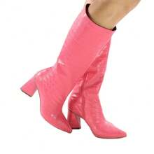 Women's Crocodile Boot With Thick Geometric Heel 7.5cm Pointed Toe Luxury Comfortable Non-Slip - 杜鵑花鱷魚 - 查看 2
