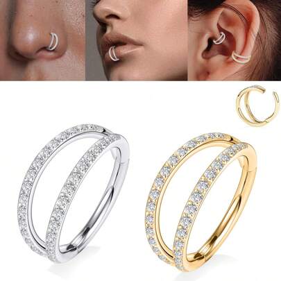 ADYJELY 1 pieza Aro de septum con doble CZ transparente 16G/20G de acero inoxidable hipoalergénico con cierre de presión, joyería de perforación de 18K chapado en oro para cartílago, rook, trago, concha, daith, hélix, lóbulo, nariz, labio, ombligo, pezón, para mujeres y hombres, 8mm 10mm