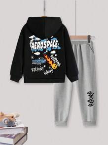 Outfit für Tween Jungen, bestehend aus 2 Stücke: Cartoon Auto Muster Sweatshirt + weite Jogginghose, Schlafanzug, Hoodie und baggy Jogginghose mit Taschen, Herbstmode