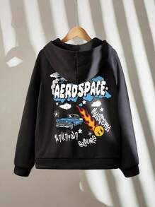 Outfit für Tween Jungen, bestehend aus 2 Stücke: Cartoon Auto Muster Sweatshirt + weite Jogginghose, Schlafanzug, Hoodie und baggy Jogginghose mit Taschen, Herbstmode