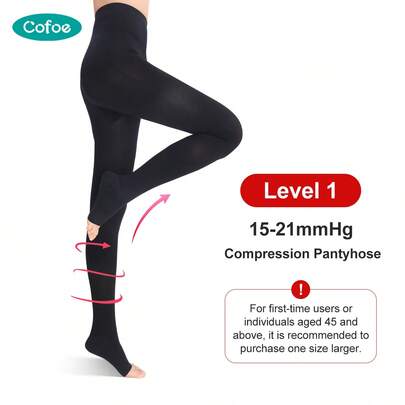  Cofoe 壓力褲襪 15-21 毫米汞柱露趾壓力襪 1 級過大腿褲男式女用抗栓塞水腫襪