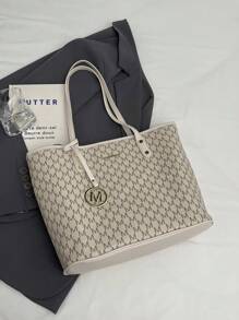2023 New Fashion Women Large Capacity All-Over Allover Print Letter Pattern Decor Dual Handle Tote Bag, Suitable For Work And Commute - Beige - View 4