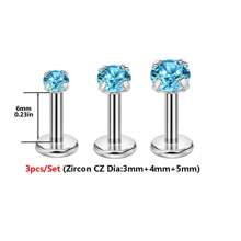 Set de 3 anillos nasales/pendientes de acero inoxidable hipoalergénico 16G con CZ transparente incrustado, rosca interna, para perforación de labio, cartílago, oreja, nariz, para mujeres y hombres, en colores rojo, azul y rosa de 3mm, 4mm y 5mm