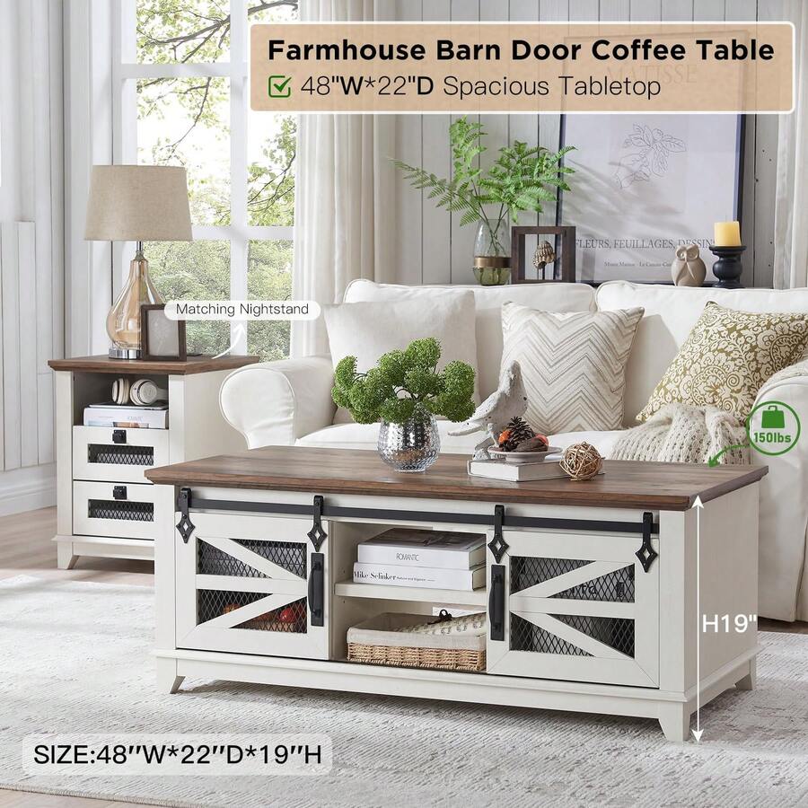 48 Inch Coffee Table With Storage And Sliding Barn Door, Farmhouse And