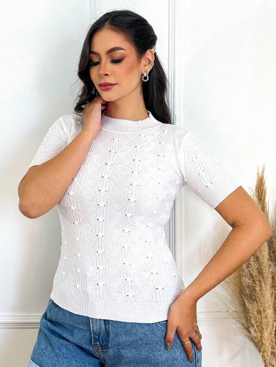 Women's Blouse Modal Knit Blouse Short Sleeve Cropped Knit T-Shirt - trắng - Xem 1