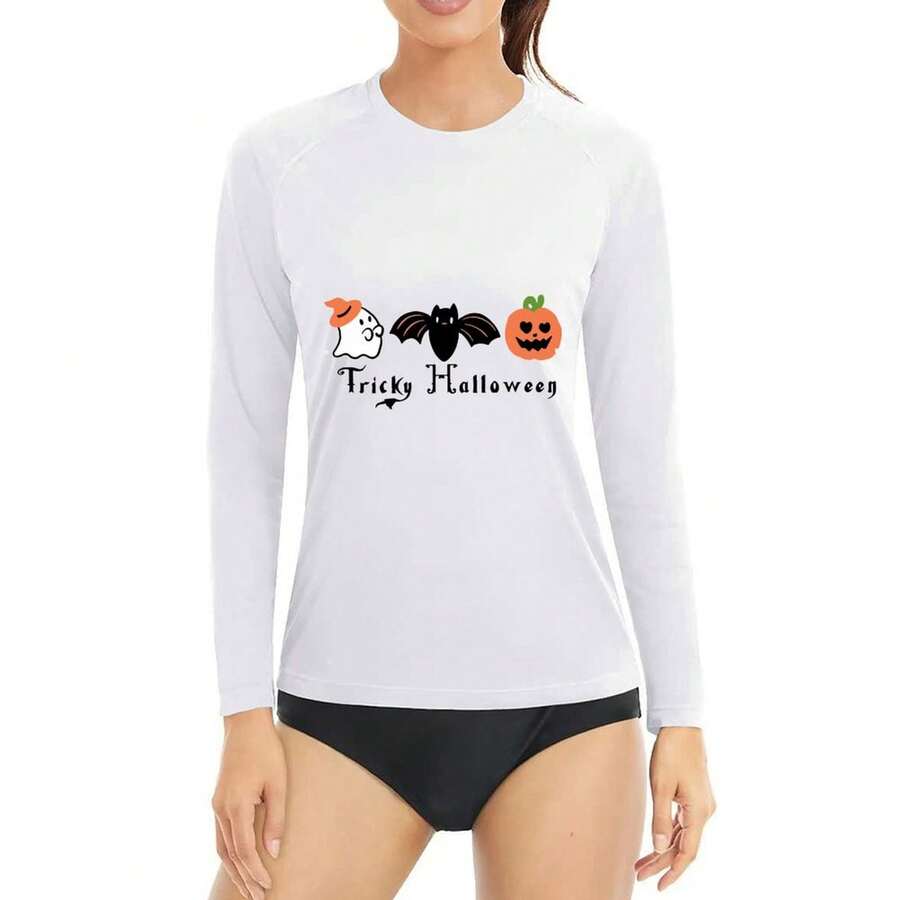 Spring And Fall Thin Tops Printed Long-Sleeved T-Shirt Summer Sunscreen Tops Woman Clothes Self-Developed Design Halloween Cute Little Pumpkins Little Spooky - 白色 - 查看 1