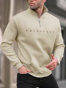 Men Khaki Zipper Collar Embroidered Sweatshirt - Khaki - View 2