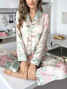 Bộ đồ mặc nhà bằng vải satin in hoa thanh lịch dành cho nữ, gồm áo tay dài cài cúc cổ ve áo và quần dài, kiểu dáng thoải mái, dễ chịu cho mùa thu, nhanh khô. - trắng - Xem 10