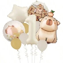 MIN ISO No use 10pcs Cute Capybara Theme Kawaii Hamster Series Cream & Caramel Colored 3D Numeral Multicolored Balloons Party Decorations Set, Suitable For Holidays, Birthdays, Gatherings, Back To School Valentine Day