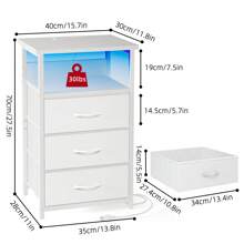 Superlele Bedside Table With Charging Station, LED Nightstand With USB Ports And Outlets, 3 Fabric Storage Drawers With PU Finish, Bed Side Table For Bedroom, Living Room, White - US B Type Plug(110-127V) - View 3