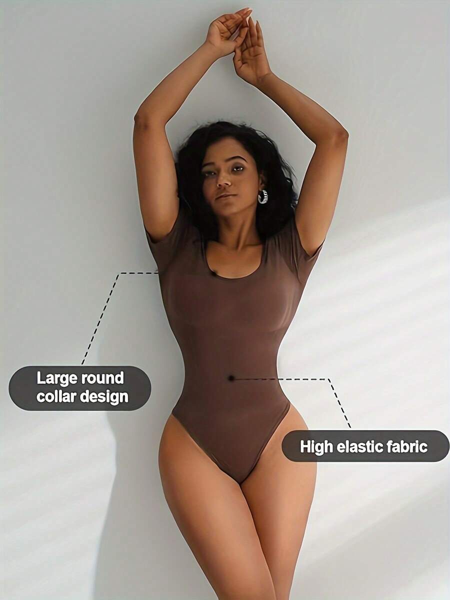 Lady Sexy Square Collar Short Sleeve Tights Shirt Top Basic Stretch Double Lining Tights T-Shirt