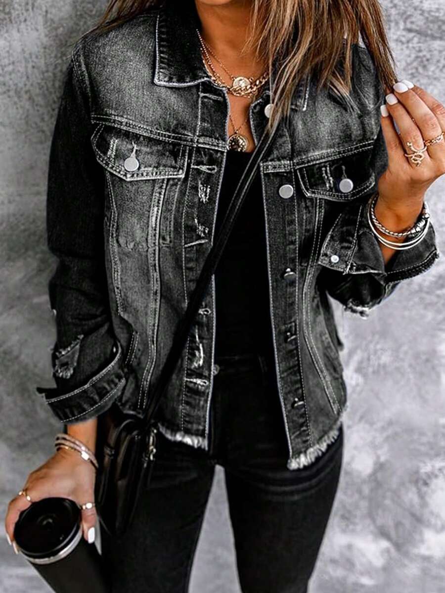 Women's Distressed Washed Denim Jacket, Suitable For Autumn - Dark Grey - View 1