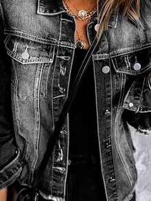 Women's Distressed Washed Denim Jacket, Suitable For Autumn - Dark Grey - View 2