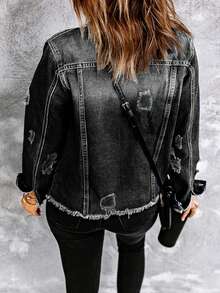 Women's Distressed Washed Denim Jacket, Suitable For Autumn - Dark Grey - View 3
