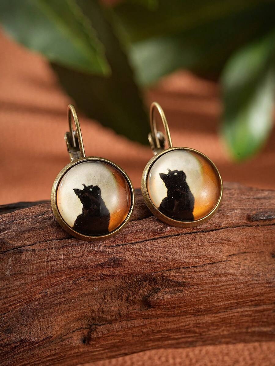 1pc Cat Print Round Earrings Copper Jewelry - Multicolor - View 1