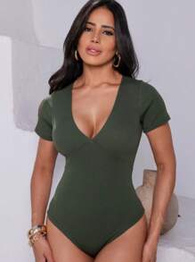 Lia Moda Women's Bodysuit In Irregular Fabric, V-Neck, Short Sleeve - 墨綠色 - 查看 1