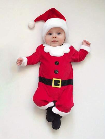 Baby Boy 2pcs/Set Santa Claus Themed Long Sleeve Romper & Hat Winter Outfit, For Christmas
