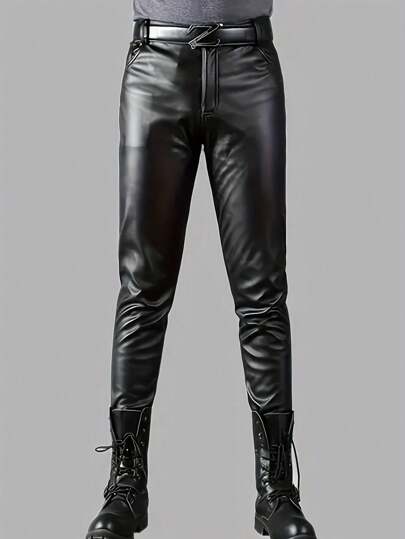 Classic Style Spring Summer Autumn Skinny Slim Fit Elastic Leather Pants For Men, Motorcycle Pants With Thermal Lined