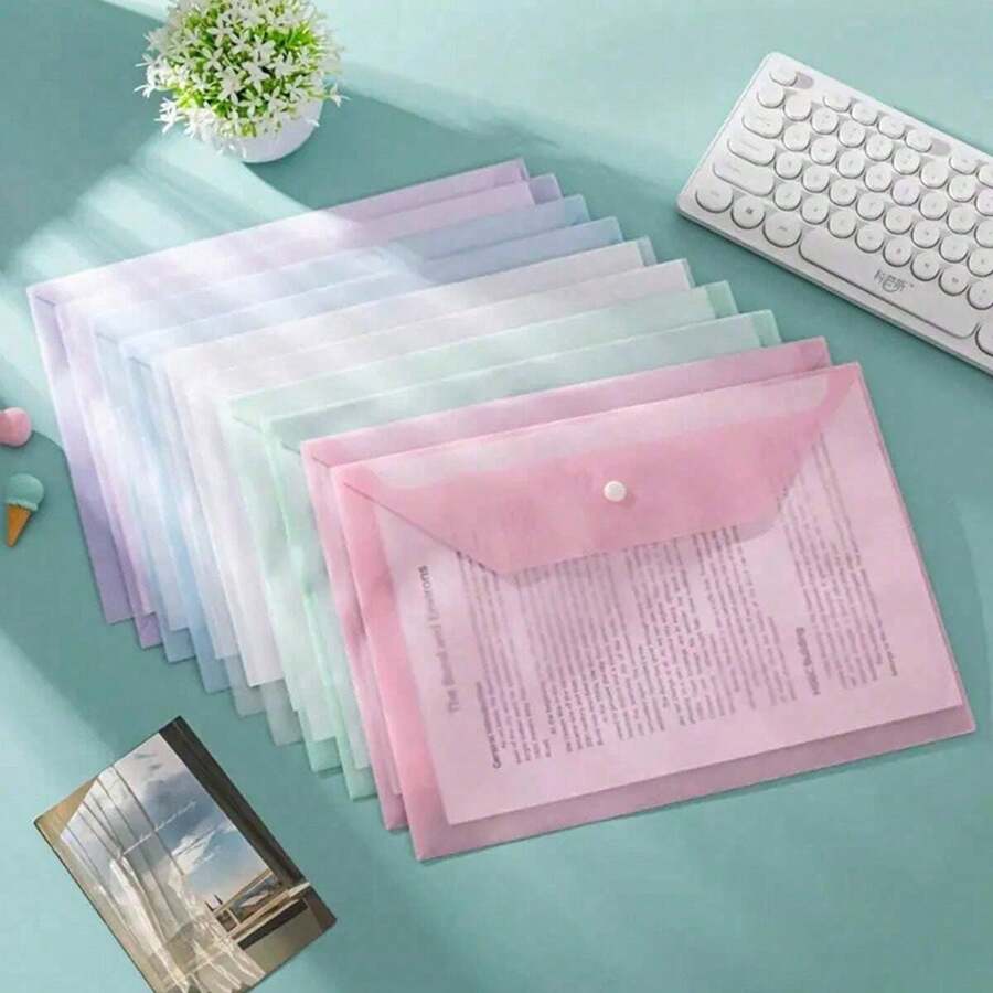 10pcs A4-Sized DIY-Eligible Plastic Button-Seal File Bags In Morandi Colors; Thickened With Large Capacity For Documents, Papers, Exams, Etc.; Transparent And 1mm-Thick.
