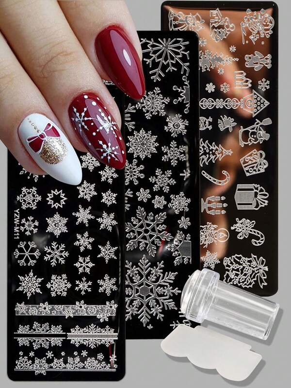 4pcs Christmas Snowflake, Snowman, Christmas Tree, Bell Nail Art Stamping Plate And Scraper Set, DIY Nail Polish Printing Template Tools