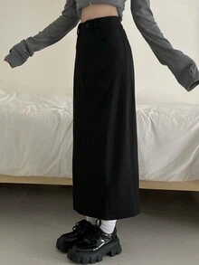 Solid Color Casual Skirt With Back Slit Black Spring - Black - View 2