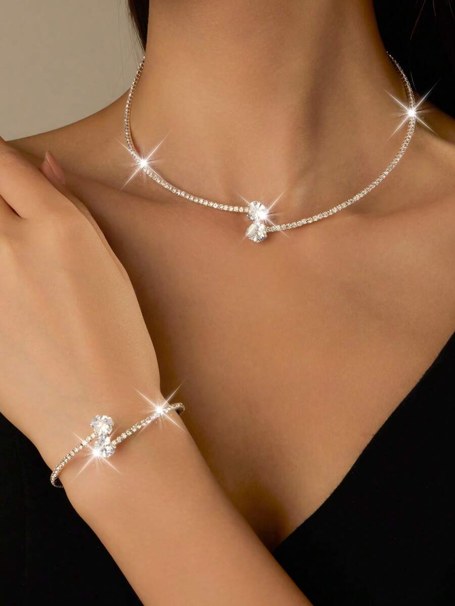 Women's Pendant Necklace Fashion Rhinestone Heart-Shaped Collar Simple Open Collar Silver Necklace Women's Pendant Necklace Jewelry Set