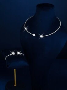 Women's Pendant Necklace Fashion Rhinestone Heart-Shaped Collar Simple Open Collar Silver Necklace Women's Pendant Necklace Jewelry Set