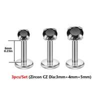 Set de 3 anillos nasales/pendientes de acero inoxidable hipoalergénico 16G con CZ transparente incrustado, rosca interna, para perforación de labio, cartílago, oreja, nariz, para mujeres y hombres, en colores rojo, azul y rosa de 3mm, 4mm y 5mm