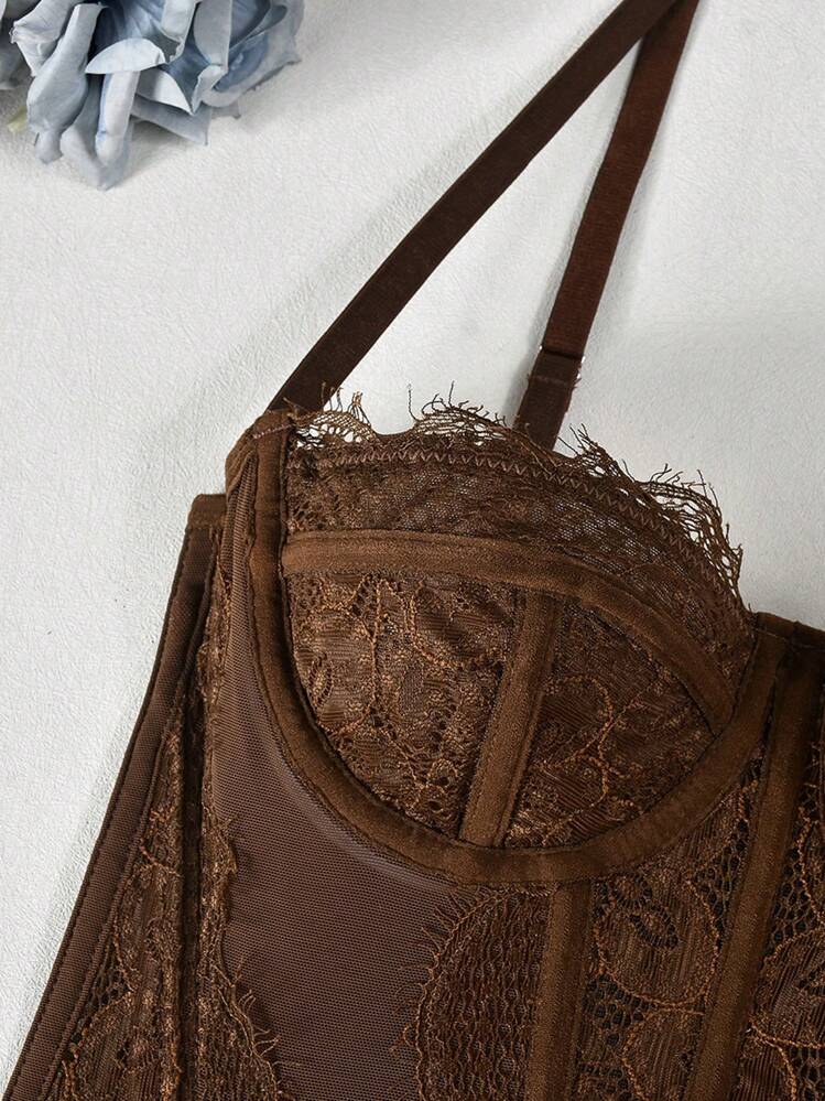 1 pieza Parte superior tipo corpiño linda, adecuada para salidas, citas y noches de fiesta de mujeres, camiseta de encaje y malla para fiestas y clubes - Marrón Chocolate - Añade 6