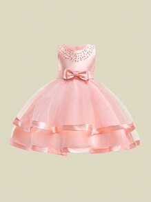 Váy phồng không tay bằng vải tuyn satin nơ trơn màu dành cho bé gái, đầm dự tiệc trang trọng thanh lịch, không bao gồm băng đô - Màu Hồng baby - Xem 2