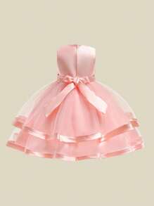 Váy phồng không tay bằng vải tuyn satin nơ trơn màu dành cho bé gái, đầm dự tiệc trang trọng thanh lịch, không bao gồm băng đô - Màu Hồng baby - Xem 3