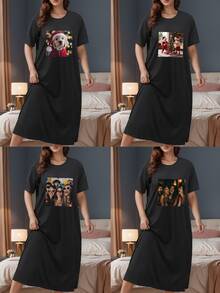 Vestido de verano con estampado gráfico navideño, cómodo y holgado, personalizado para tallas grandes de mujer - Negro - Ver 2