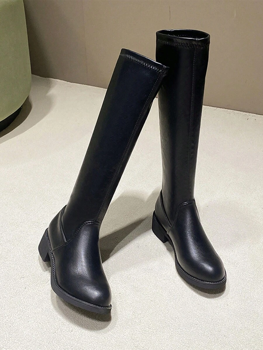 新款修身中筒靴，弹力舒适粗跟黑色时尚高筒马靴，百搭一脚蹬，秋冬款，女士及膝靴