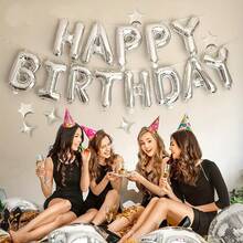 Bóng bay mừng sinh nhật vàng/bạc, Đồ trang trí tiệc sinh nhật, Biểu ngữ mừng sinh nhật chữ vàng bạc 3D với 6 quả bóng bay hình ngôi sao, Đồ trang trí tiệc sinh nhật - Nhiều màu - Xem 6