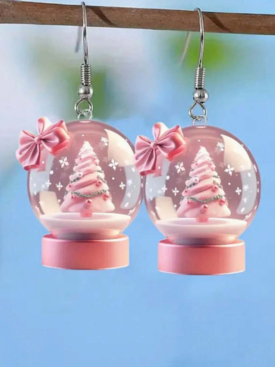 1 对优雅亚克力圣诞雪花球蛋糕树耳环配粉色蝴蝶结 - 适合派对、婚礼、日常穿着、情人节礼物的百搭时尚配饰，一对非镀层吊坠耳环 - 粉色 - 查看 1