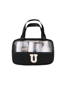 1 件时尚新款方形纯色 PU 和 PVC 皮革面料，配白色毛巾绣有字母 A-Z，防水拉链上衣和女士化妆包，配有背带设计，学生返校洗漱包，宿舍化妆品收纳，适合大学生度假旅行上学沙滩包沙滩必需品沙滩巾收纳袋沙滩配件夏季沙滩用品 - 黑色 - 查看 14