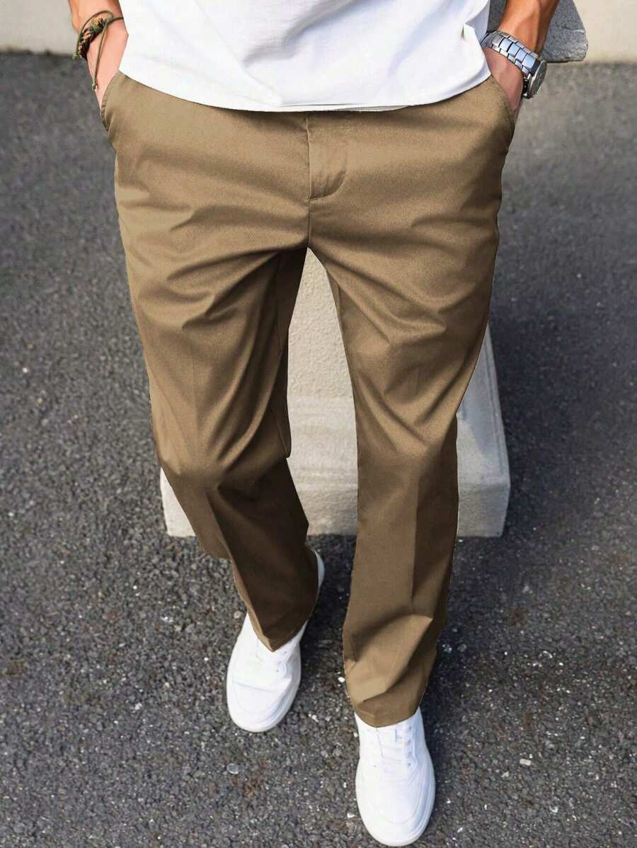 1pc Teen Boy Minimalist Loose Outdoor Sports Exercise Fashionable Plain Color Straight Leg Trousers, Suitable For Spring, Autumn & Winter - Khaki - View 1