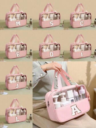 1 PC Fashionable New Square Solid Color PU&PVC Leather Fabric With Floral Letter Print Waterproof Zippered Top And Women's Makeup Bag With A Carrying Strap Design Suitable For College Student For Vacation Holiday For Travel For School Beach Bag Beach Essentials Beach Towel Organizer Beach Accessories Beach Stuff For Summer Makeup Bags Makeup Organizer Make Up Organizer Makeup Storage Makeup Pouch Make Up Pouch