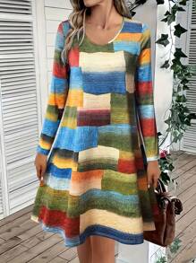 Spring New Arrival Women's Geometric Pattern Long Sleeve Dress - Multicolor - View 1